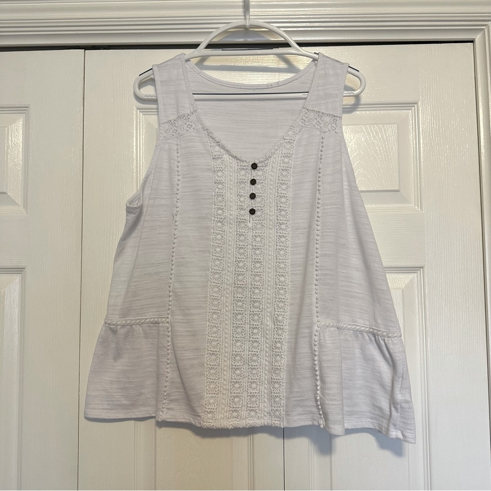 White Eyelet Cotton Blouse Sleeveless Boho Tank Size L/XL